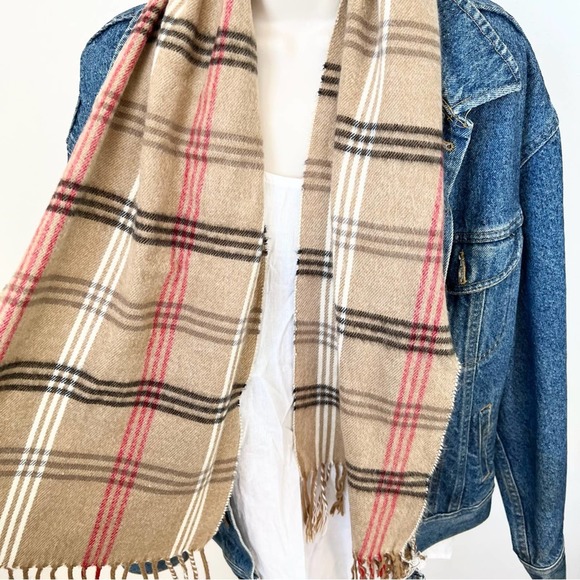 Plaid Scarf Plaid Check Pattern Neutral Tan Red‎ Black - Picture 3 of 6